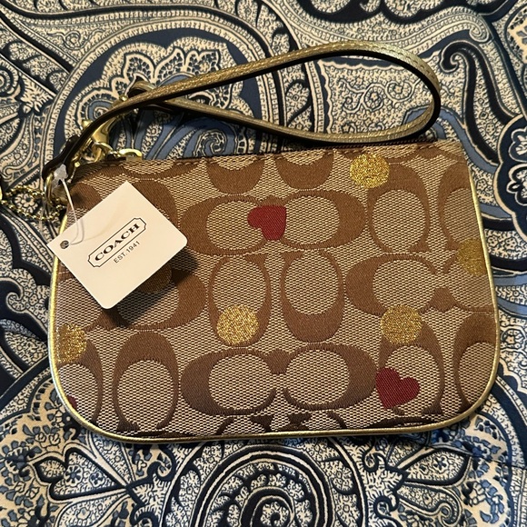 Coach Brown and Gold Wristlet with Heart Accents - Picture 1 of 3